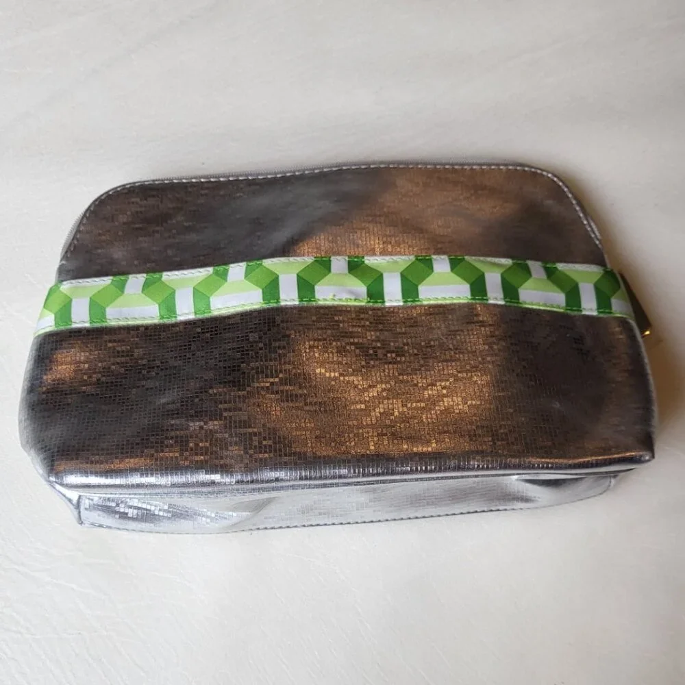 Clinique Makeup Cosmetic Bag Logo Zip Case Travel Pouch Silver Green